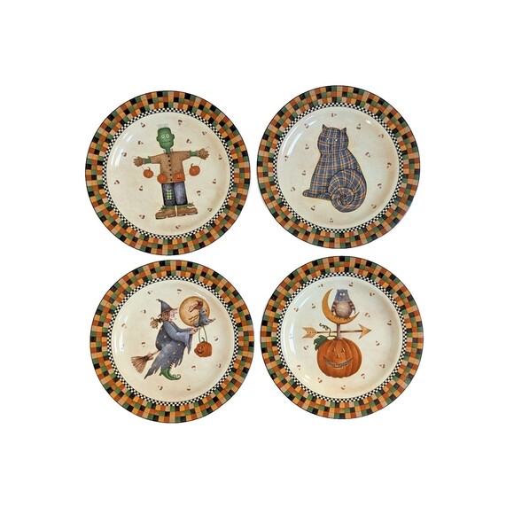 VTG 1998 Sakura Debbie Mumm HALLOWEEN Salad Plates SET OF 4 Witch Cat Pumpkin Ow - Picture 1 of 9